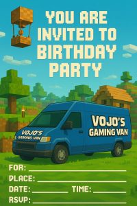 Gaming van birthday party invitation for a mobile gaming party in London and Hertfordshire