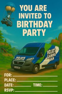 Mobile gaming van birthday invitation design for children’s gaming parties in London and Hertfordshire